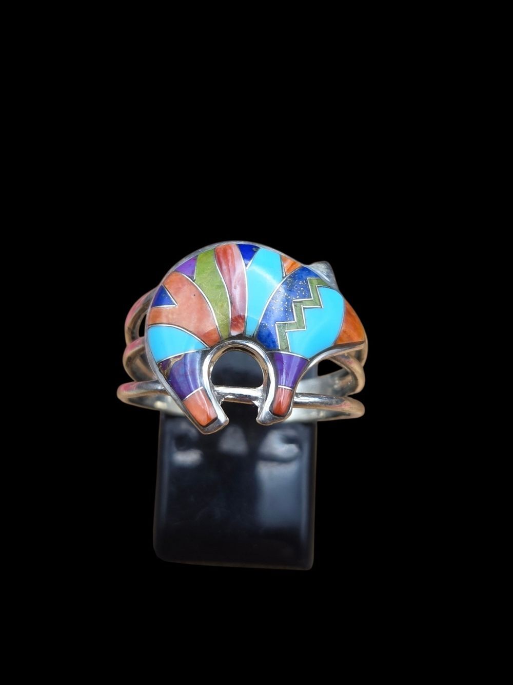 Multicolor Inlay Bear Ring Sterling Silver Southwestern Style Size 10